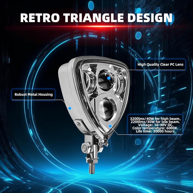 FATECIM Triangle Motorcycle LED Headlight Motorbike Hi/Lo Beam Headlamp Bottom Mount Head Light Lamp Clear Lens Universal for Harley Kawasaki Honda Yamaha Suzuki Chopper Cafe Racer Bobber Chrome - Image 3